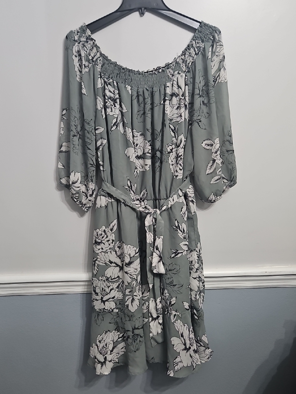 Maurices Sage Green Floral On Or  Off-Shoulder Midi Dress with Belt